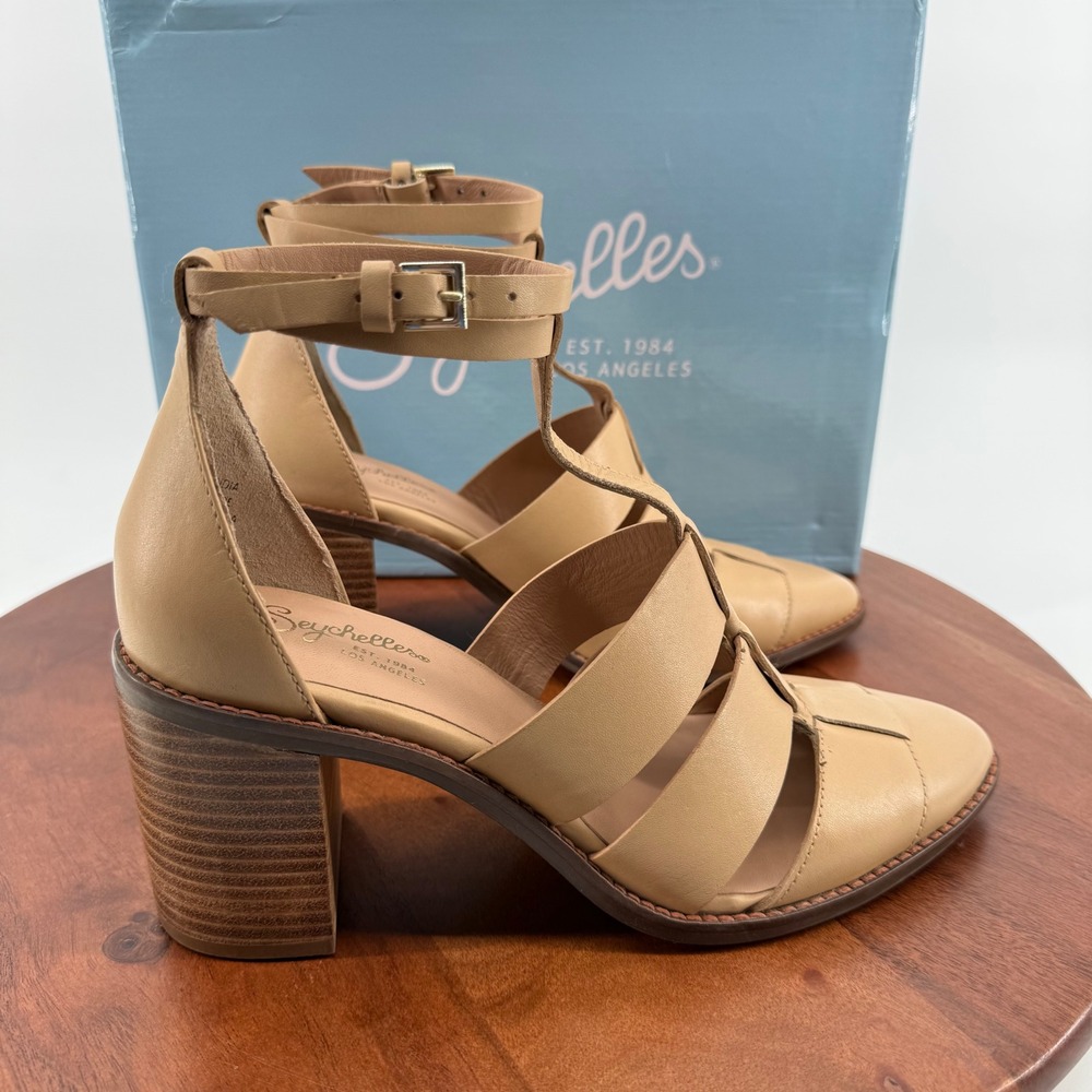 Seychelles Stay Ready Tan Leather Pointed Toe Ankle Strap Block Heel Sandals 7.5